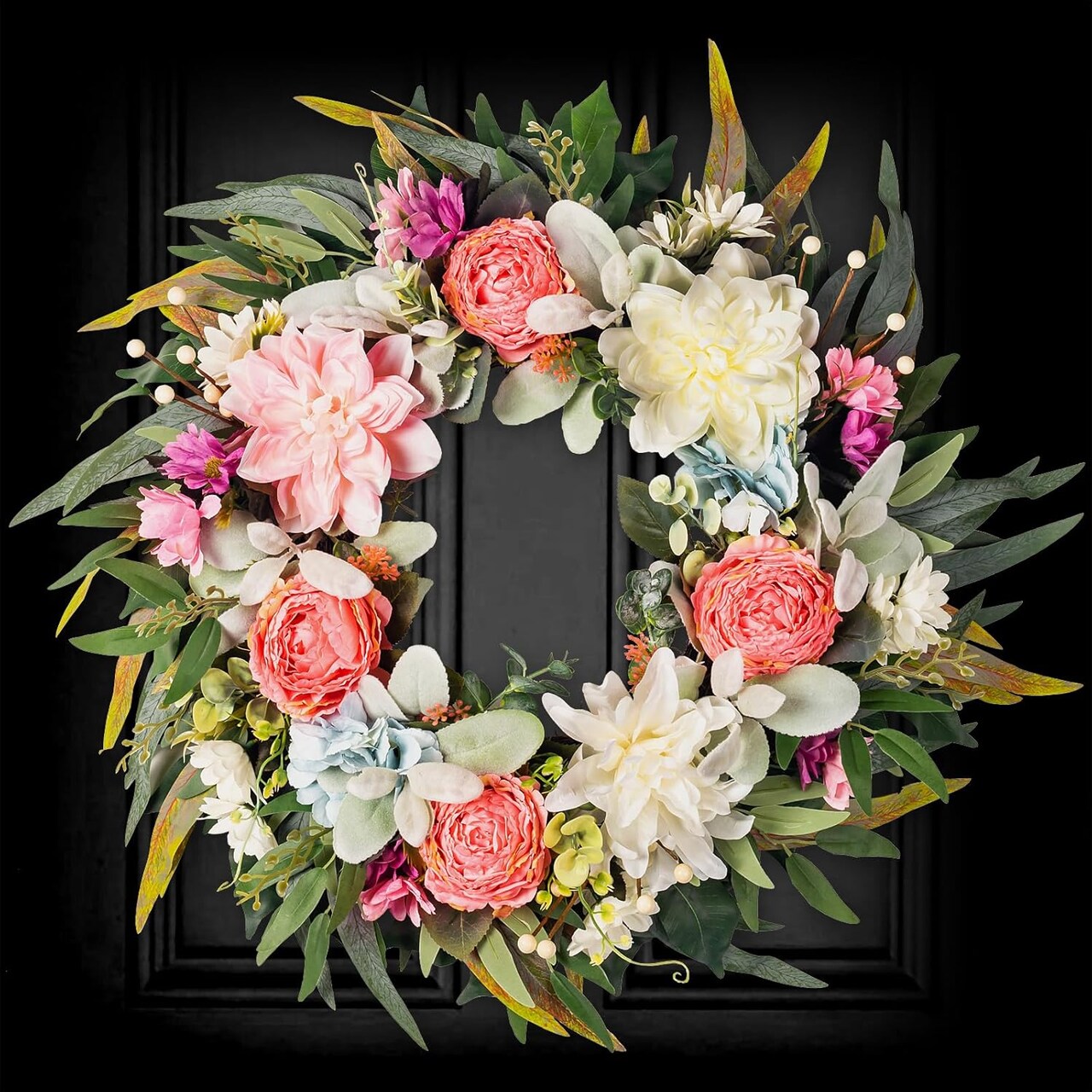 Spring Summer Wreath for Front Door Outside Porch Wall Home Decor, 20" Colorful Modern Floral Wreath